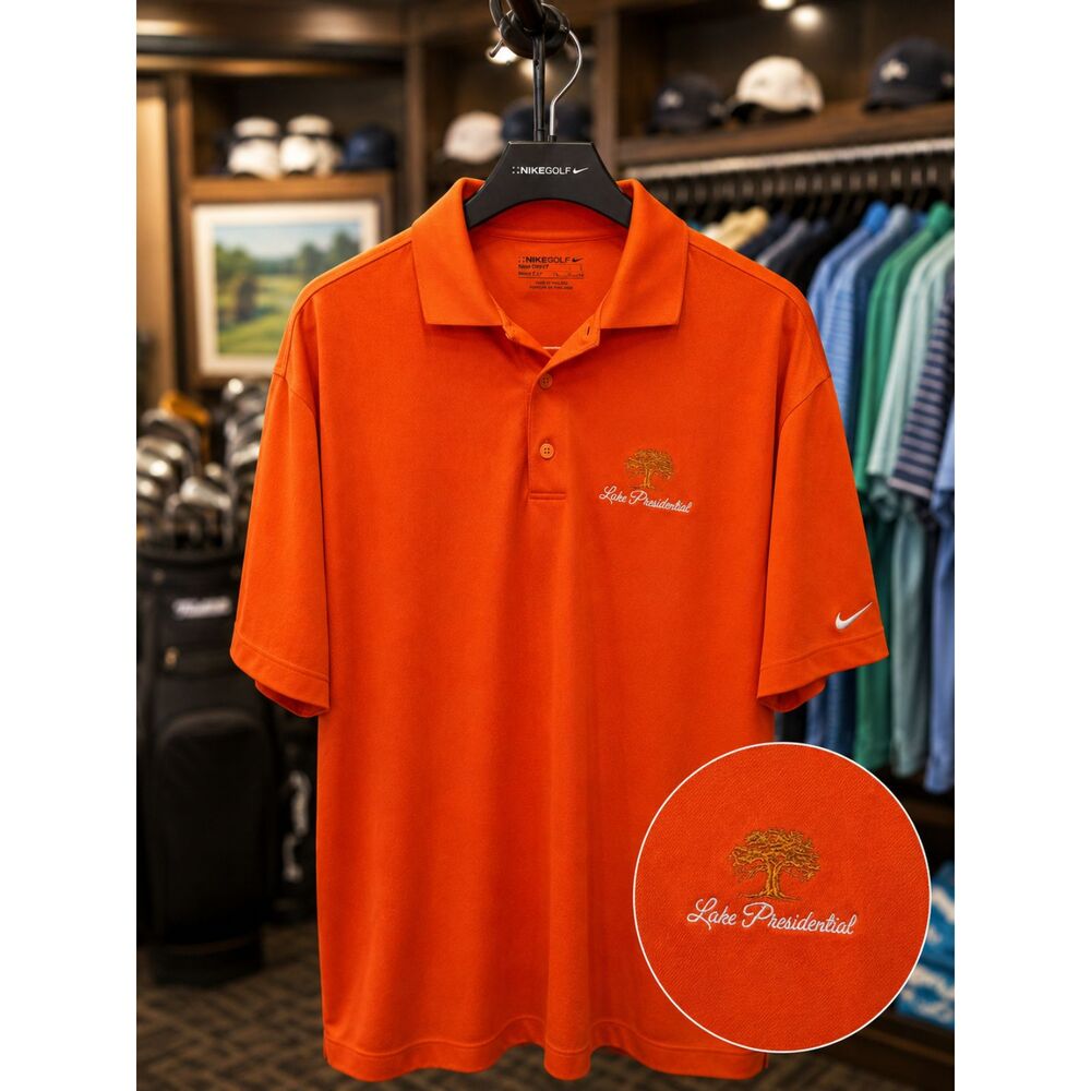 Nike Golf Dri-FIT Orange Polo Shirt Lake Presidential Golf Course Size L Preppy